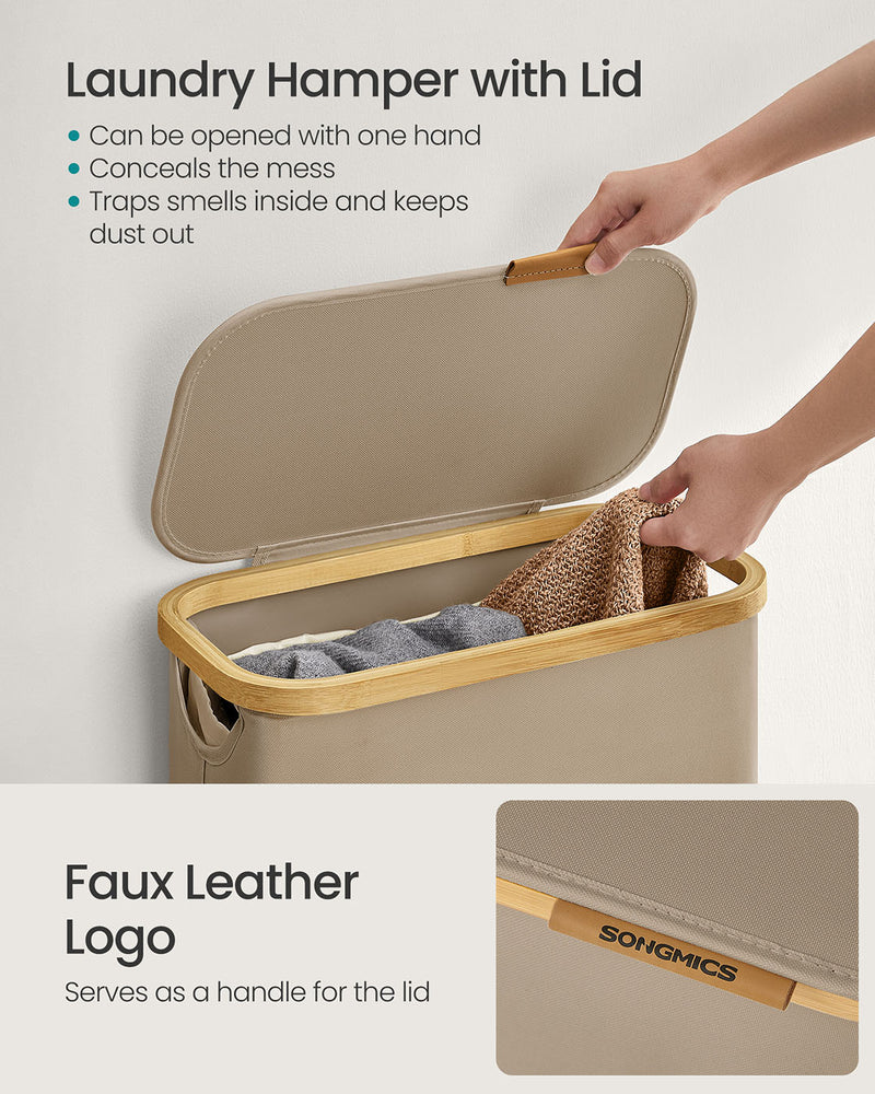 Camel Brown 65L Laundry Basket with Lid Space Saving Slim Design for Bathroom by Songmics