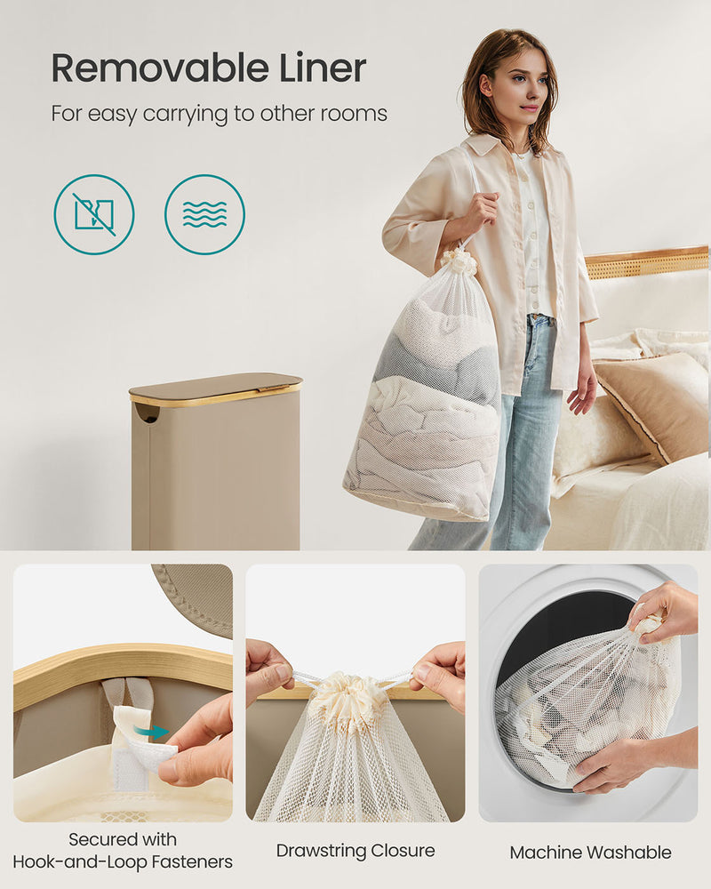 Camel Brown 65L Laundry Basket with Lid Space Saving Slim Design for Bathroom by Songmics