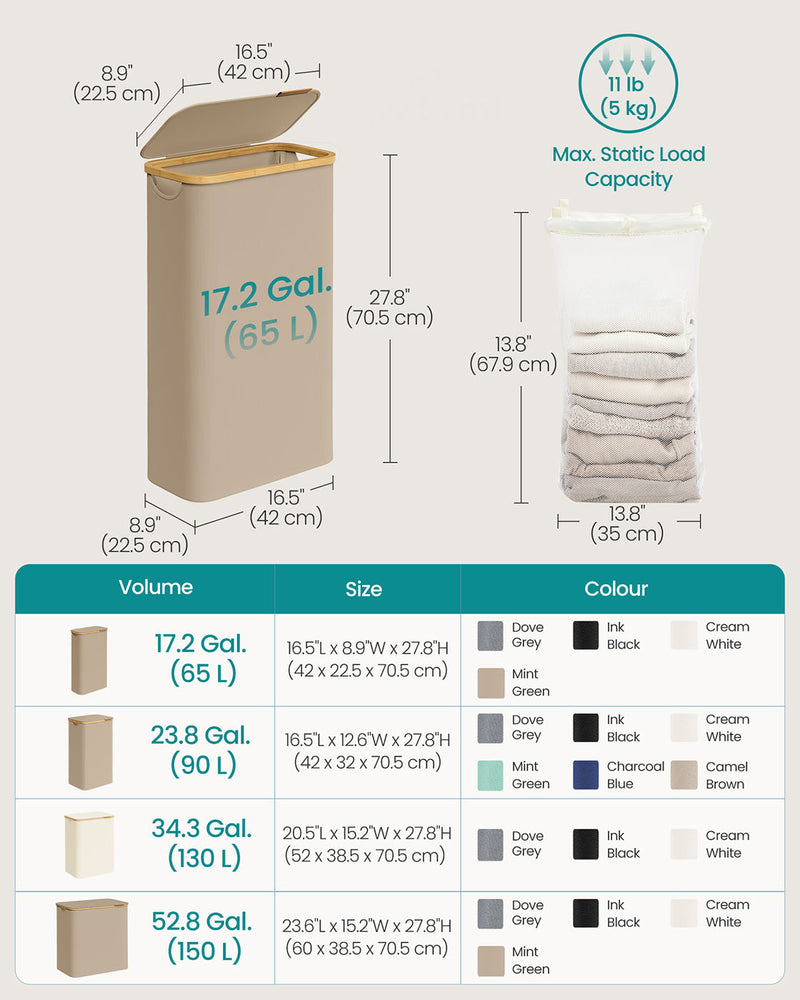 Camel Brown 65L Laundry Basket with Lid Space Saving Slim Design for Bathroom by Songmics