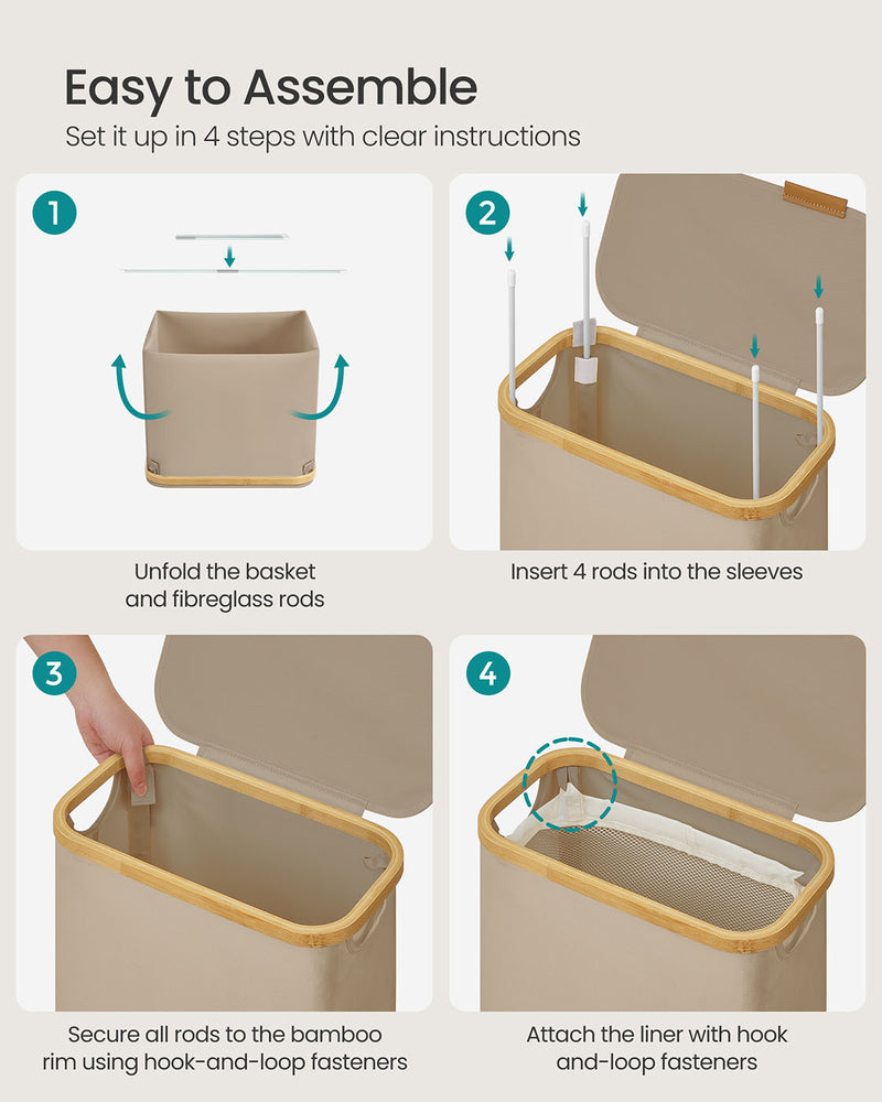 Camel Brown 65L Laundry Basket with Lid Space Saving Slim Design for Bathroom by Songmics