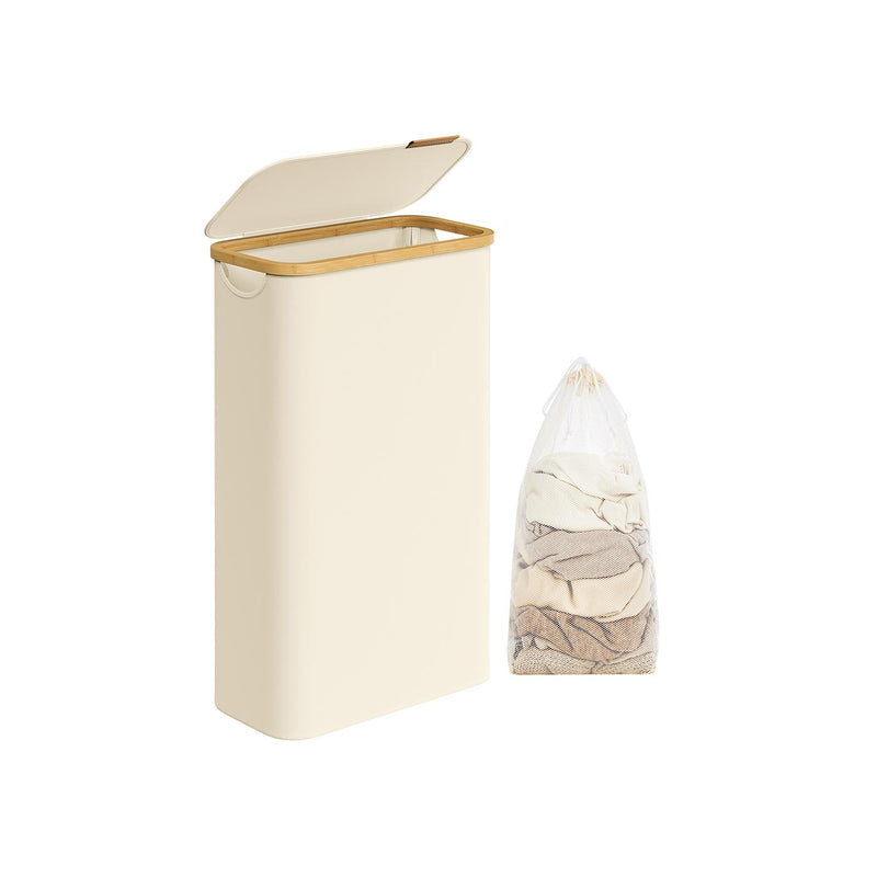 Cream White 65L Laundry Basket with Lid Space Saving Slim Design for Bathroom by Songmics