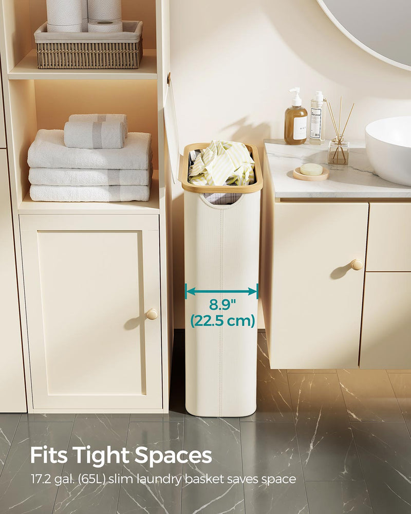 Cream White 65L Laundry Basket with Lid Space Saving Slim Design for Bathroom by Songmics
