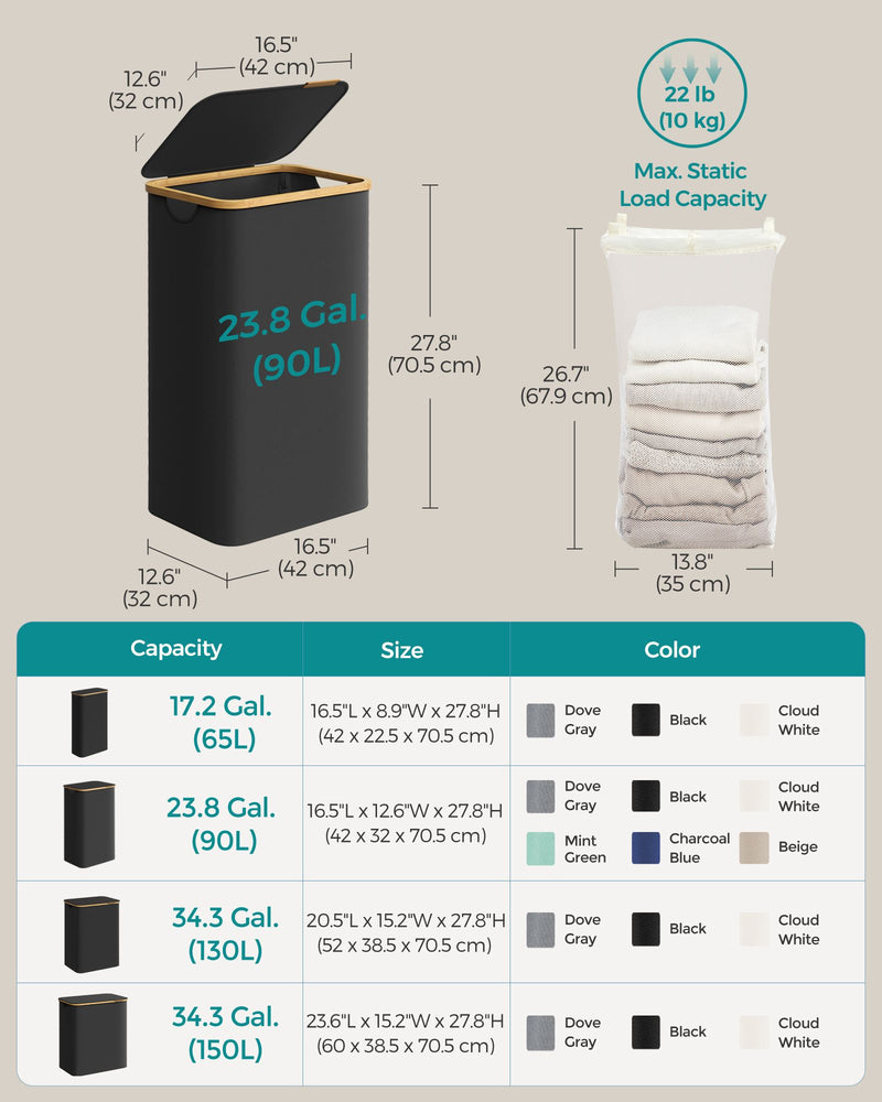 90L Black Laundry Basket with Lid Large Capacity Organiser for Home by Songmics