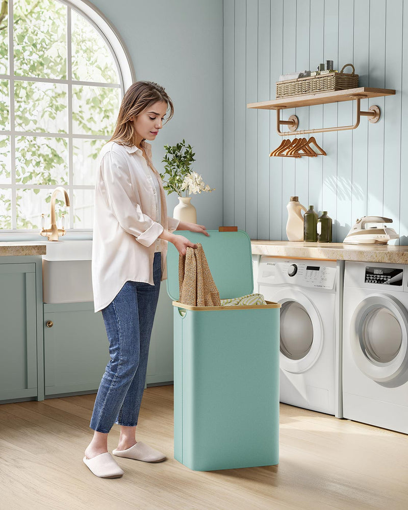 Large Mint Green Laundry Basket with Lid 90L Capacity for Bedroom or Bathroom by Songmics