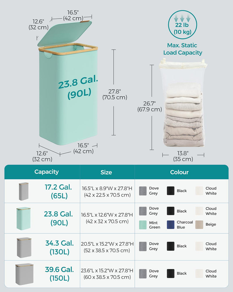 Large Mint Green Laundry Basket with Lid 90L Capacity for Bedroom or Bathroom by Songmics