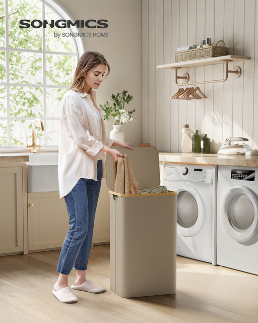 90L Camel Brown Laundry Basket with Lid Large Collapsible Hamper for Home by Songmics