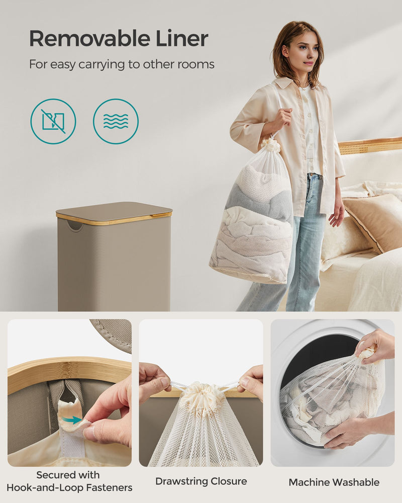 90L Camel Brown Laundry Basket with Lid Large Collapsible Hamper for Home by Songmics