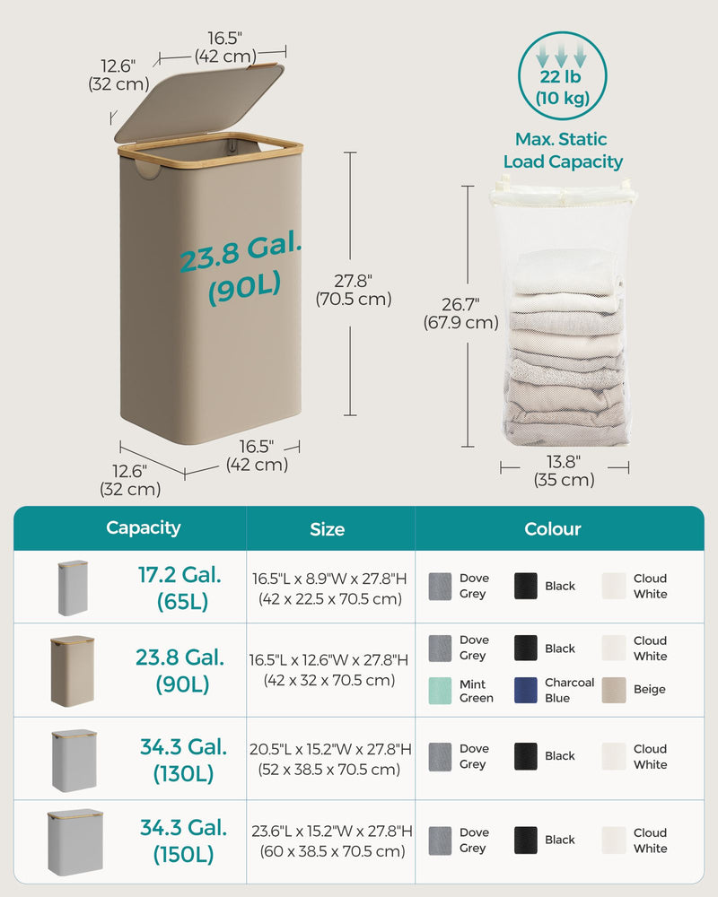 90L Camel Brown Laundry Basket with Lid Large Collapsible Hamper for Home by Songmics