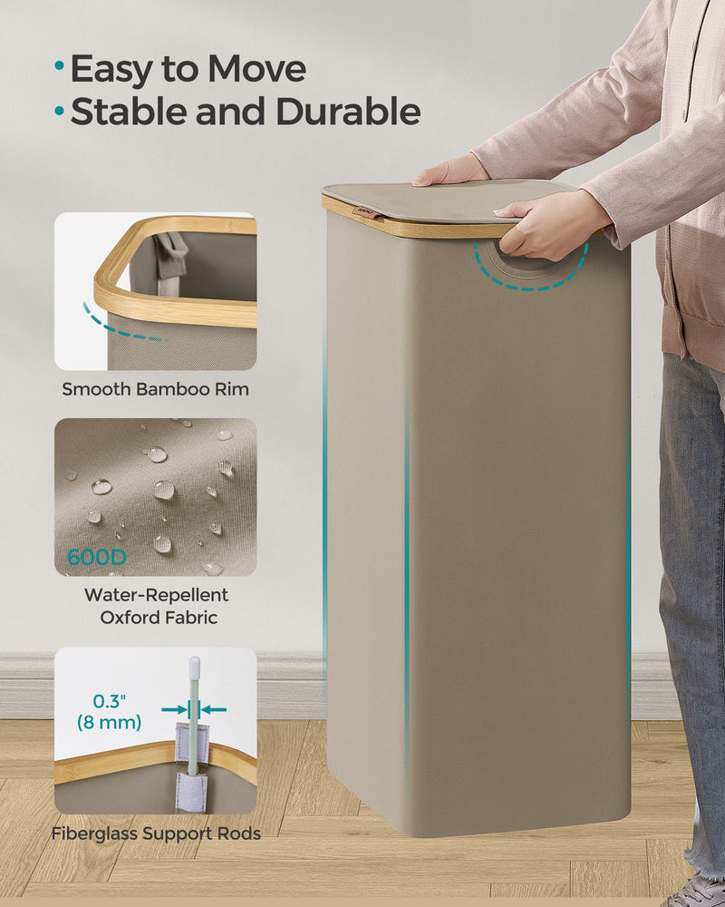 90L Camel Brown Laundry Basket with Lid Large Collapsible Hamper for Home by Songmics