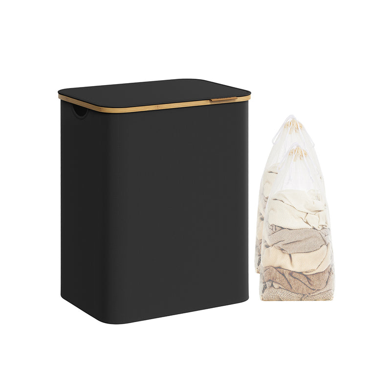 130L Dual Section Laundry Basket with Lid in Ink Black for Easy Sorting by Songmics