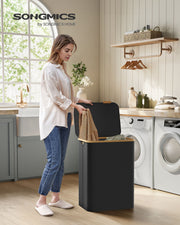 130L Dual Section Laundry Basket with Lid in Ink Black for Easy Sorting by Songmics
