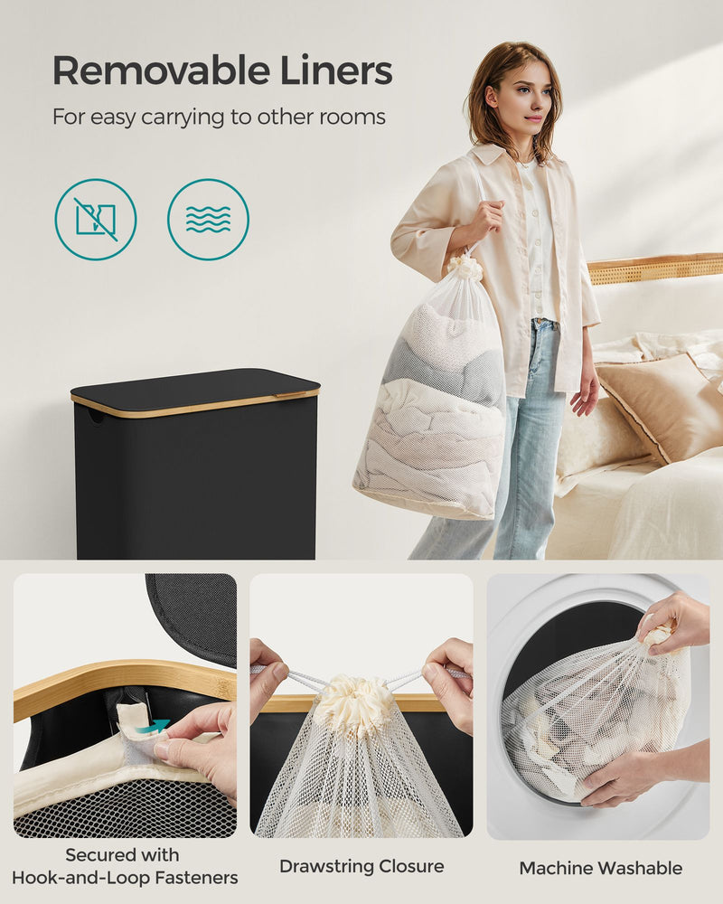 130L Dual Section Laundry Basket with Lid in Ink Black for Easy Sorting by Songmics