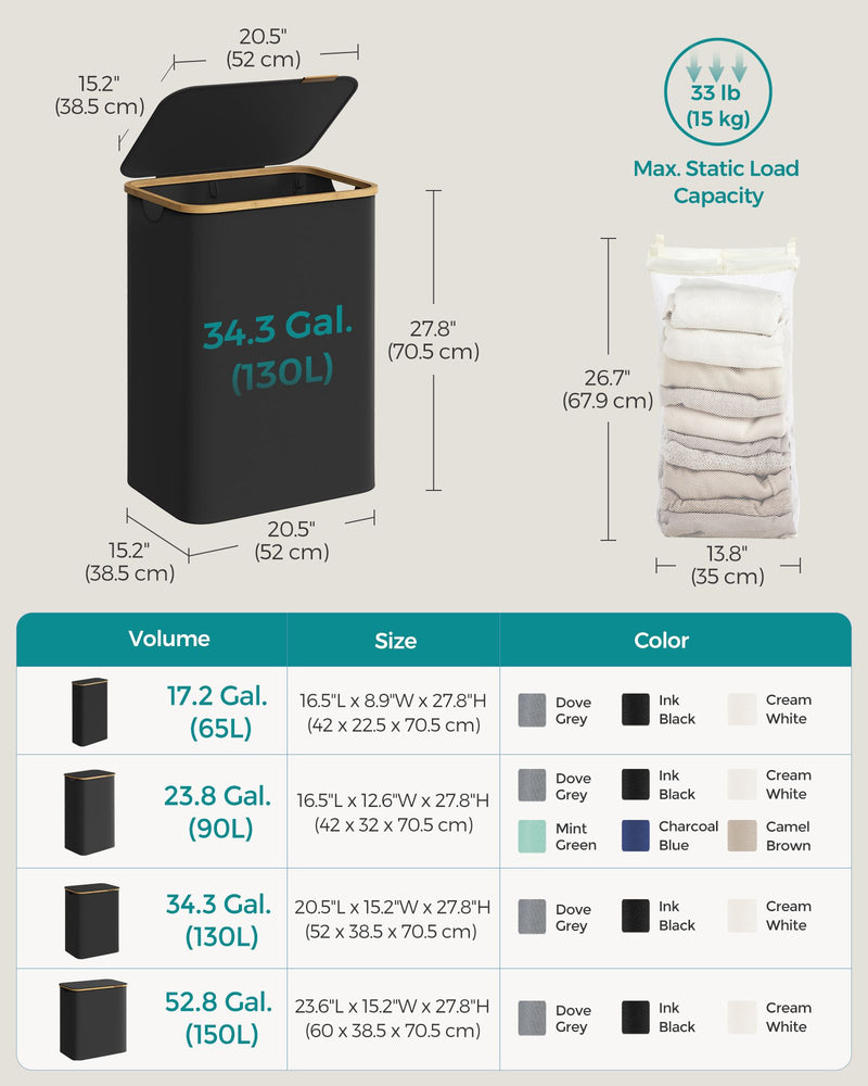 130L Dual Section Laundry Basket with Lid in Ink Black for Easy Sorting by Songmics