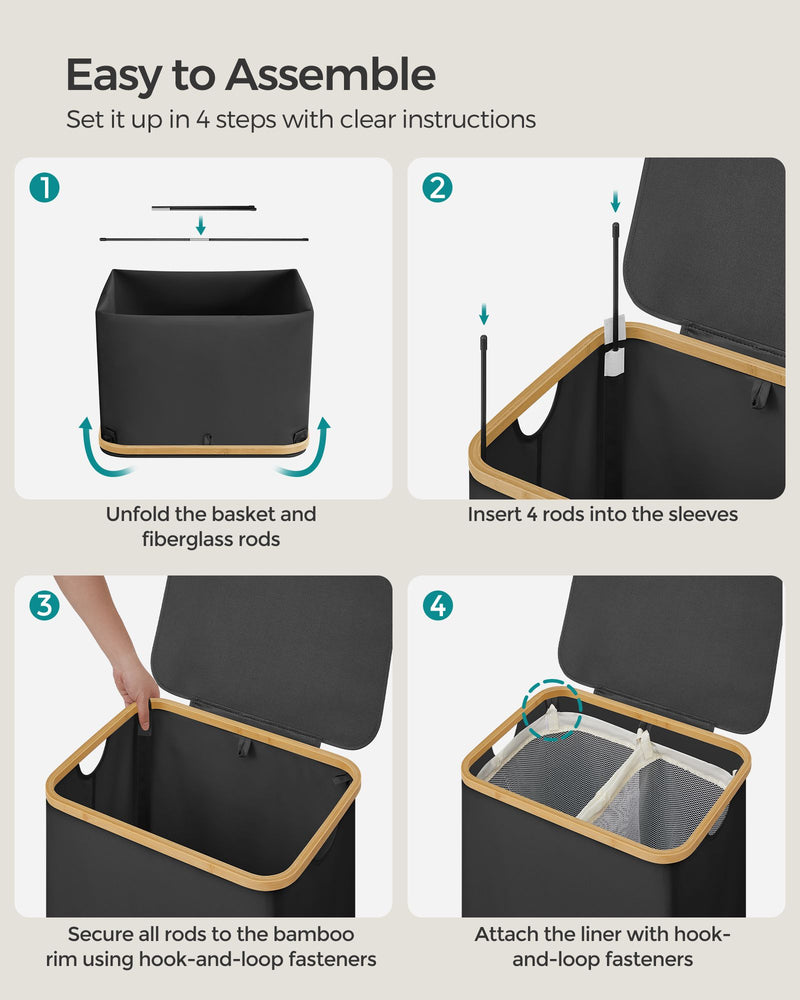 130L Dual Section Laundry Basket with Lid in Ink Black for Easy Sorting by Songmics