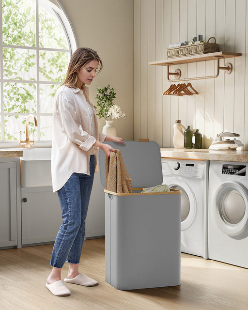 130L Dove Grey 2 Section Laundry Basket with Lid for Sorting and Storage by Songmics