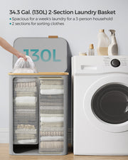 130L Dove Grey 2 Section Laundry Basket with Lid for Sorting and Storage by Songmics