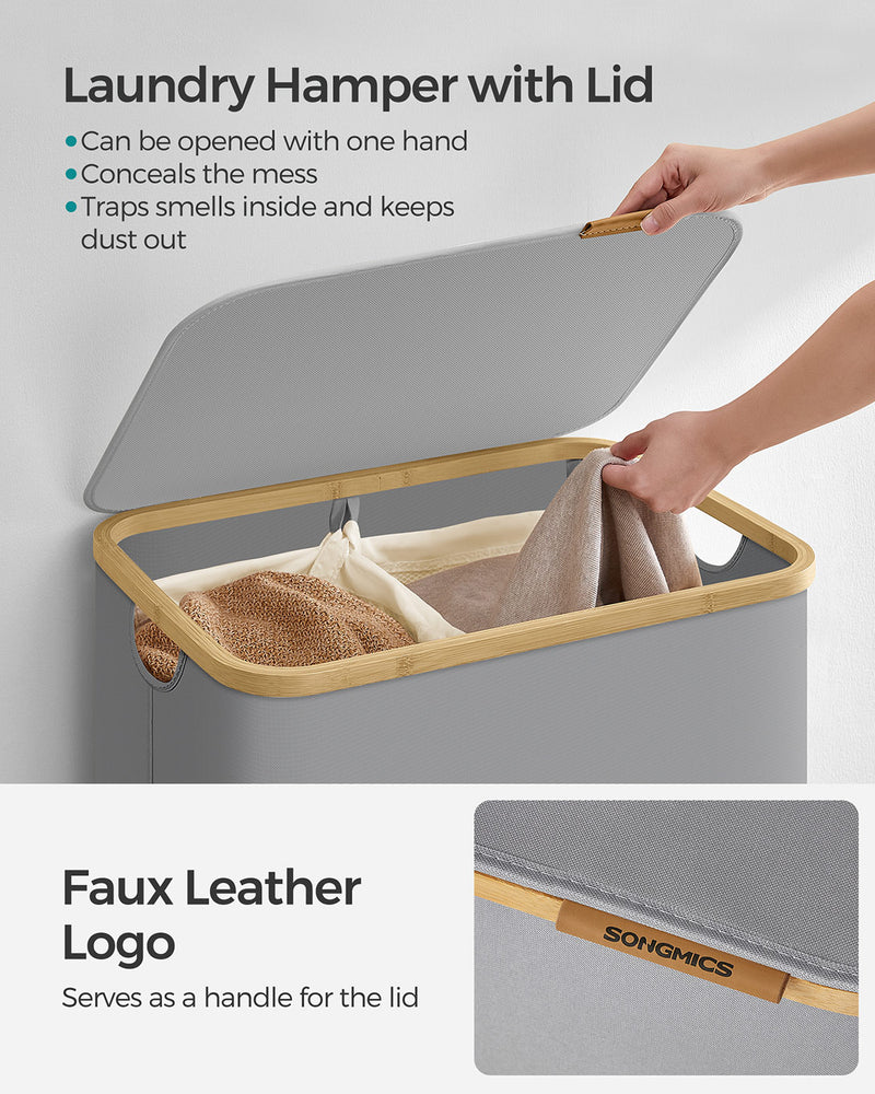 130L Dove Grey 2 Section Laundry Basket with Lid for Sorting and Storage by Songmics