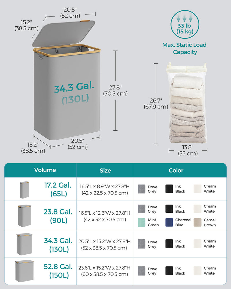 130L Dove Grey 2 Section Laundry Basket with Lid for Sorting and Storage by Songmics