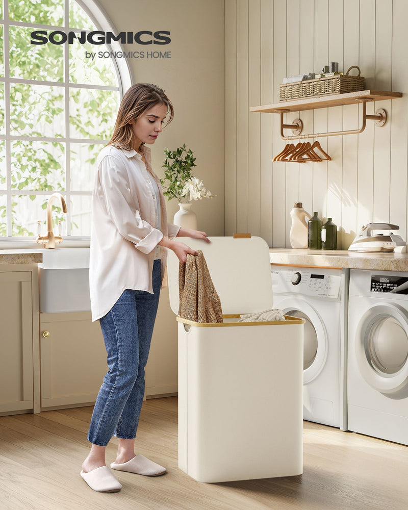 130L Two Section Laundry Basket with Lid Cream White Spacious and Stylish by Songmics
