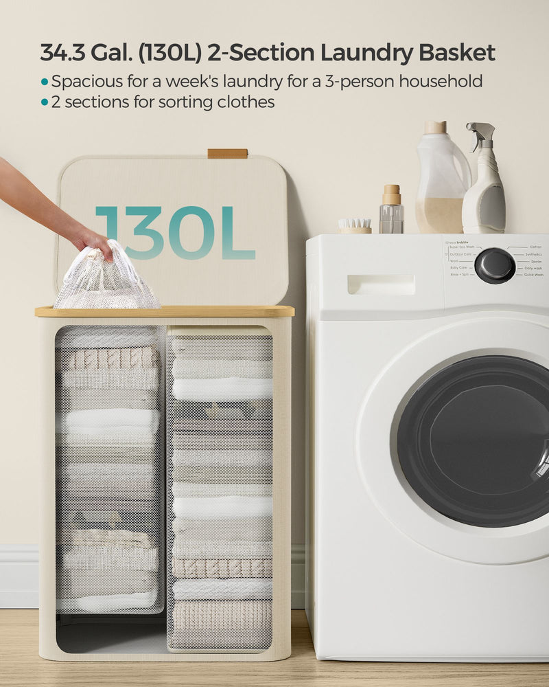 130L Two Section Laundry Basket with Lid Cream White Spacious and Stylish by Songmics