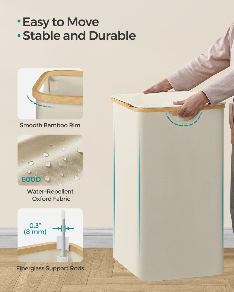 130L Two Section Laundry Basket with Lid Cream White Spacious and Stylish by Songmics