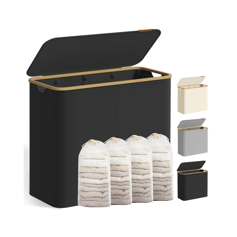 Black 200L Songmics laundry basket with lid closed, lifestyle shot