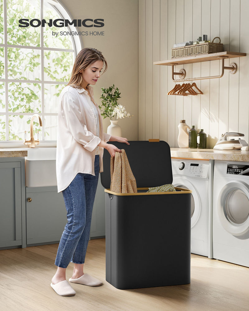 150L Black 3 Section Laundry Basket with Lid and Handles for Sorting Clothes by Songmics