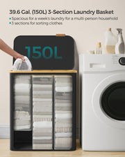 150L Black 3 Section Laundry Basket with Lid and Handles for Sorting Clothes by Songmics