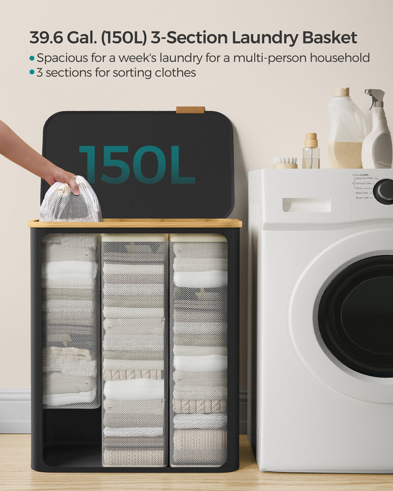 150L Black 3 Section Laundry Basket with Lid and Handles for Sorting Clothes by Songmics