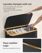 150L Black 3 Section Laundry Basket with Lid and Handles for Sorting Clothes by Songmics