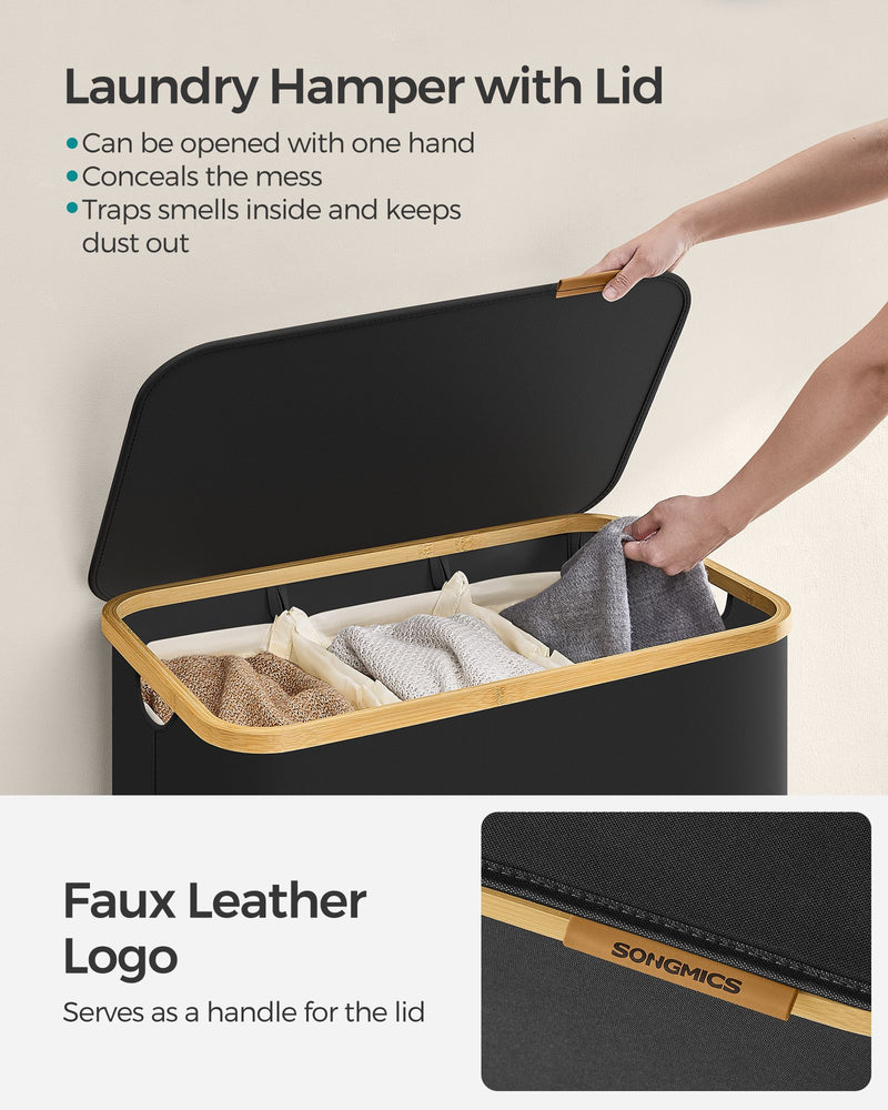 150L Black 3 Section Laundry Basket with Lid and Handles for Sorting Clothes by Songmics