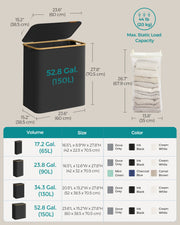 150L Black 3 Section Laundry Basket with Lid and Handles for Sorting Clothes by Songmics