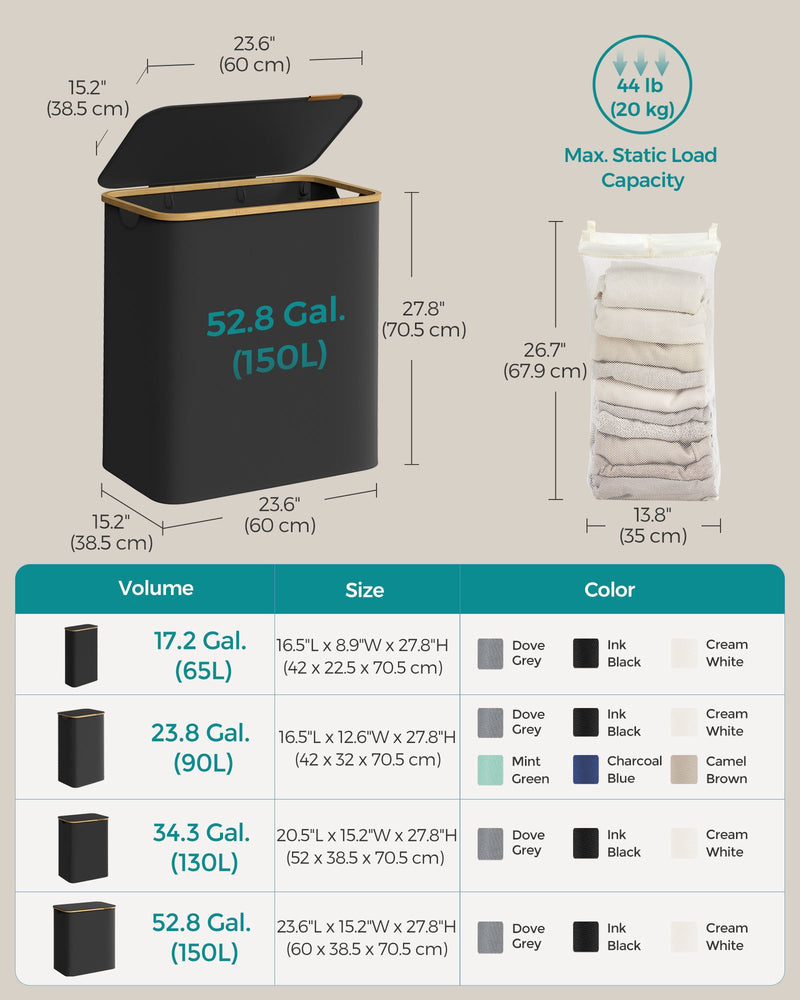 150L Black 3 Section Laundry Basket with Lid and Handles for Sorting Clothes by Songmics