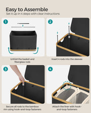 150L Black 3 Section Laundry Basket with Lid and Handles for Sorting Clothes by Songmics