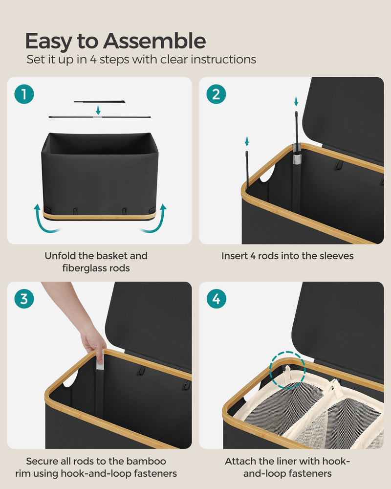 150L Black 3 Section Laundry Basket with Lid and Handles for Sorting Clothes by Songmics