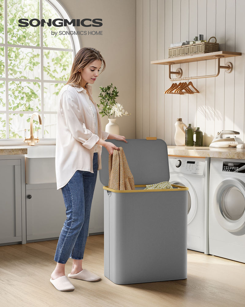 150L Dove Grey Laundry Basket with Lid and 3 Sections for Easy Sorting by Songmics