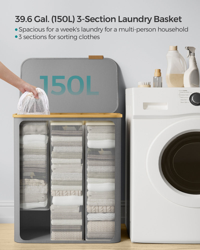 150L Dove Grey Laundry Basket with Lid and 3 Sections for Easy Sorting by Songmics