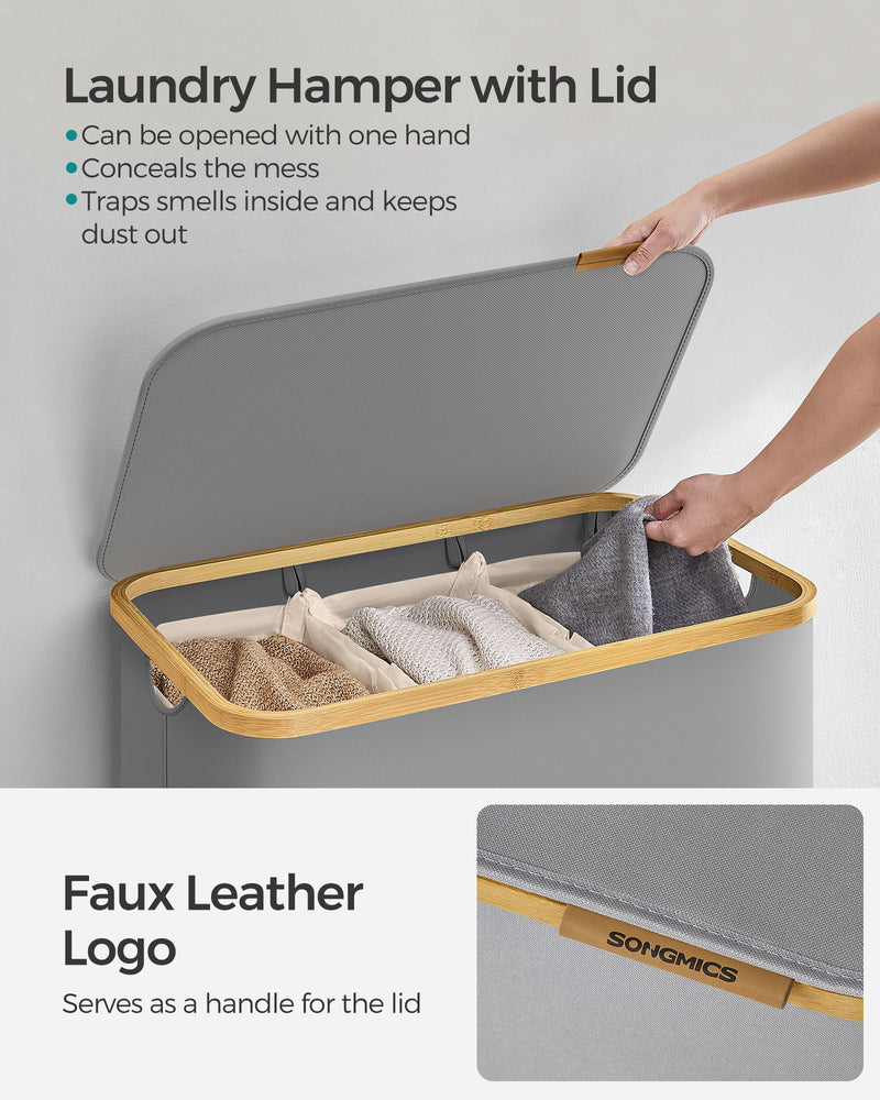 150L Dove Grey Laundry Basket with Lid and 3 Sections for Easy Sorting by Songmics