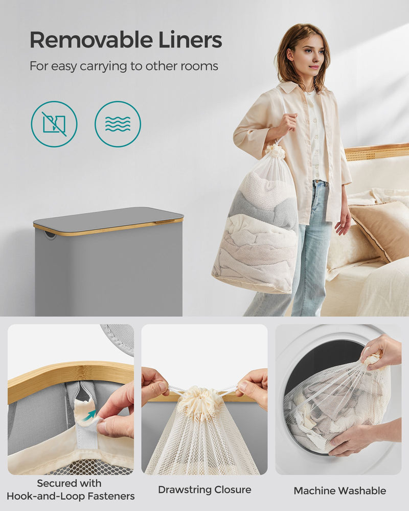 150L Dove Grey Laundry Basket with Lid and 3 Sections for Easy Sorting by Songmics