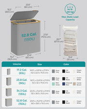 150L Dove Grey Laundry Basket with Lid and 3 Sections for Easy Sorting by Songmics