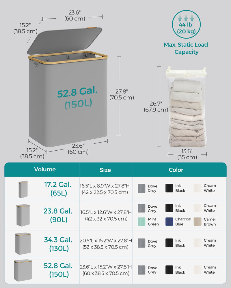 150L Dove Grey Laundry Basket with Lid and 3 Sections for Easy Sorting by Songmics