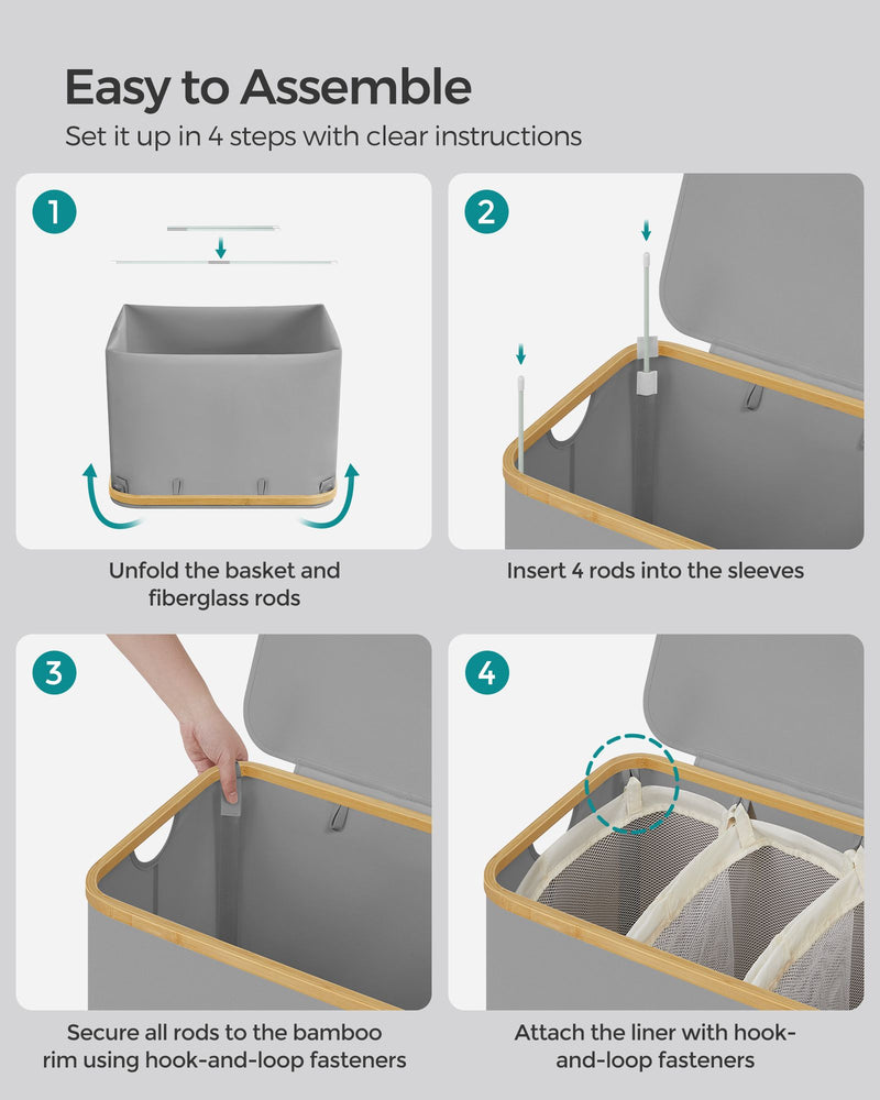 150L Dove Grey Laundry Basket with Lid and 3 Sections for Easy Sorting by Songmics