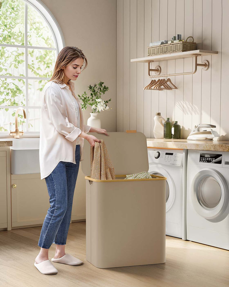Large 150L Camel Brown Laundry Basket with Lid for Organised Storage by Songmics
