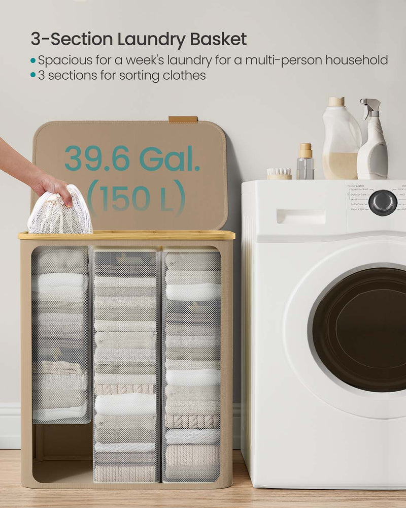 Large 150L Camel Brown Laundry Basket with Lid for Organised Storage by Songmics