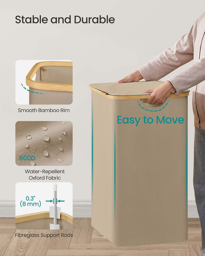 Large 150L Camel Brown Laundry Basket with Lid for Organised Storage by Songmics