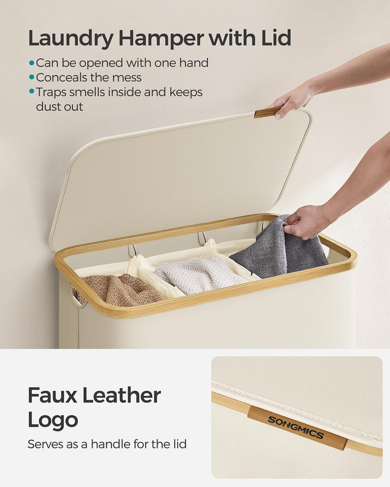 Large Cream White Laundry Basket with Lid 150L Strong and Stylish Storage by Songmics