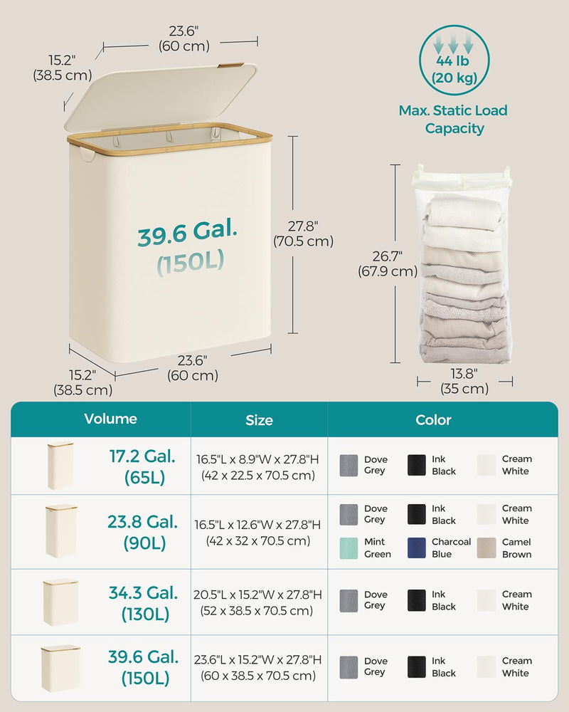 Large Cream White Laundry Basket with Lid 150L Strong and Stylish Storage by Songmics