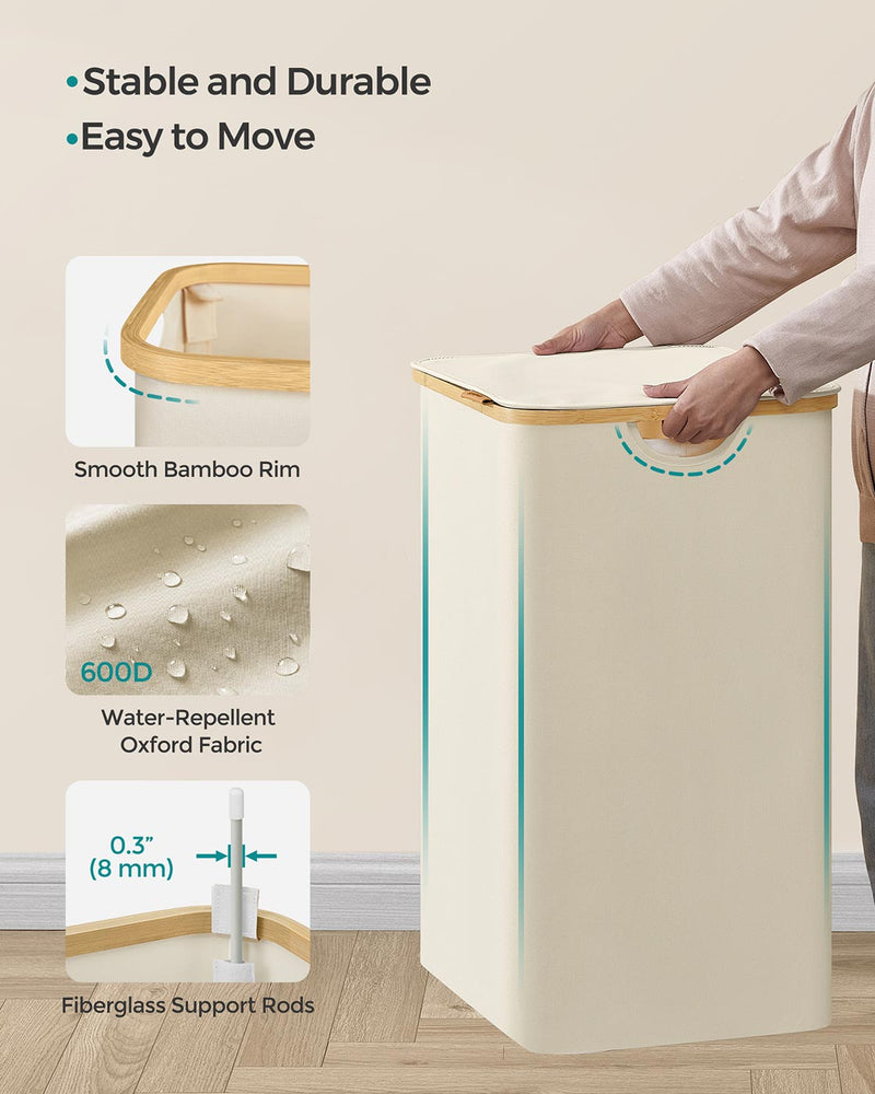 Large Cream White Laundry Basket with Lid 150L Strong and Stylish Storage by Songmics