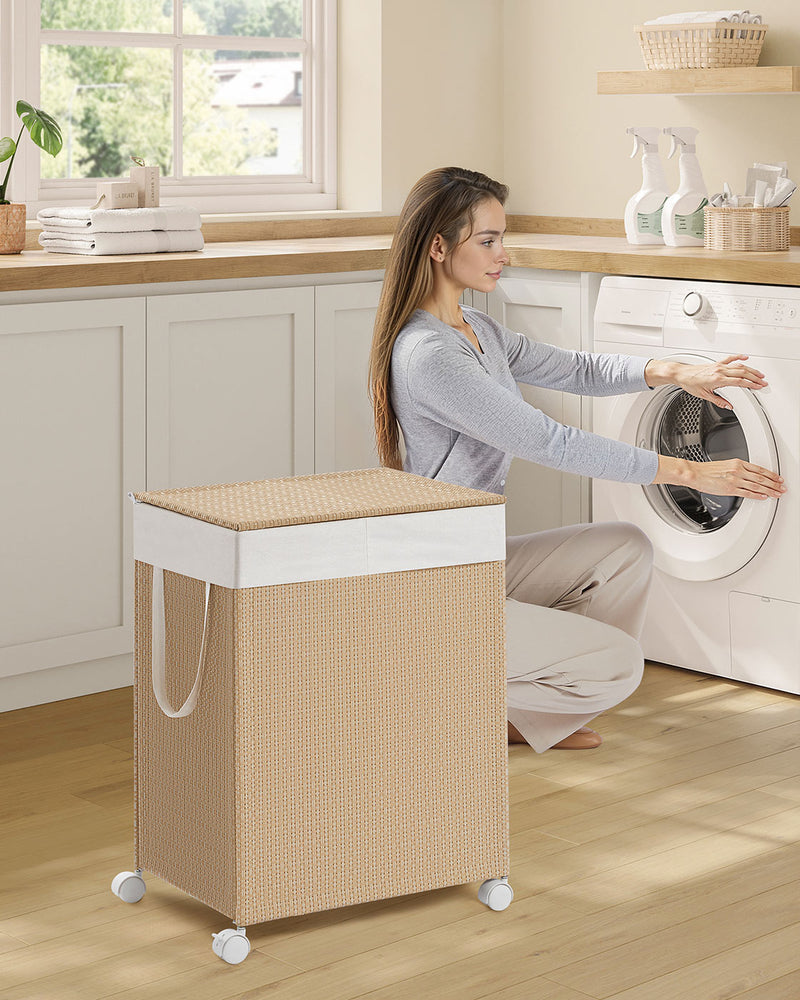 100L Laundry Basket with 2 Compartments in Natural Beige and Matte White by Songmics Home