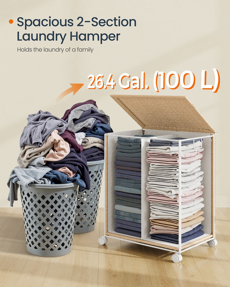 100L Laundry Basket with 2 Compartments in Natural Beige and Matte White by Songmics Home